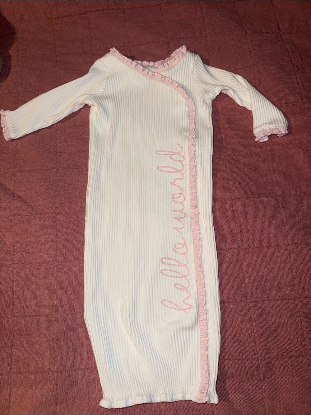 Hello World Pink-Trim White Ribbed 0-3 months Mud Pie baby girl gown